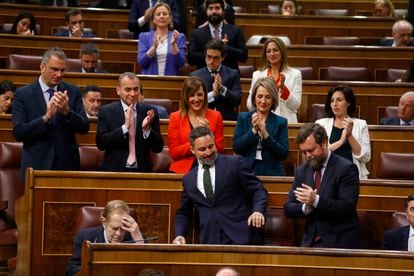 Los diputados de Vox aplauden a su líder, Santiago Abascal, tras su discurso. A su lado, Ramón Tamames consulta unas notas. 