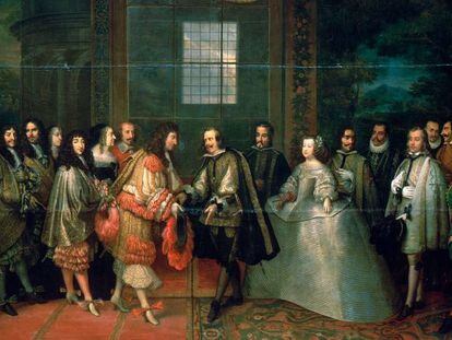 Encuentro de Luis XIV y Felipe IV en la Isla de los Faisanes (1660). 