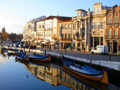 &#039;Moliceiros&#039;, las g&oacute;ndolas portuguesas, atracadas en uno de los canales de la ciudad costera de Aveiro. 