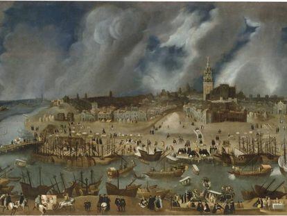 "Vista de Sevilla", anónimo, principios del siglo XVII, lienzo. Museo Nacional del Prado.