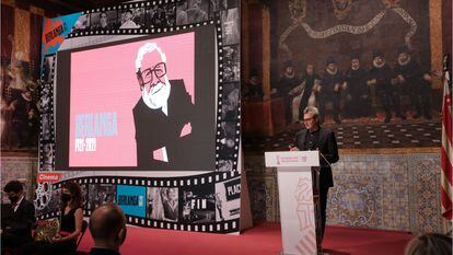 El presidente de la Academia de Cine, Mariano Barroso, durante el homenaje al nacimiento de Berlanga, este sábado en Valencia.