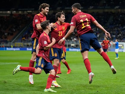 Ferran Torres celebra su gol durante la semifinal de la Liga de las Naciones contra Italia, el pasado 6 de octubre de 2021.