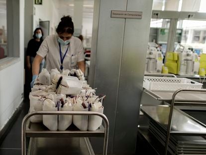 Una sanitaria transporta las bolsas de transfusión de sangre para pesarlas y posteriormente introducirlas en la centrifugadora para separar sus componentes en el Centro de Transfusión de la Comunidad de Madrid.
