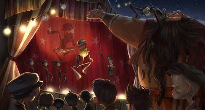 Dibujo presentado en 2011 por Gris Grimly y Del Toro para mostrar cómo será 'Pinocho'.
