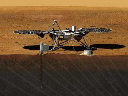 Ilustración de la sonda de descenso InSight en Marte.