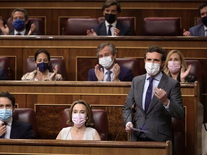 El líder del PP, Pablo Casado, interviene en la sesión de control al Gobierno en el Congreso de los Diputados, el pasado 23 de junio.