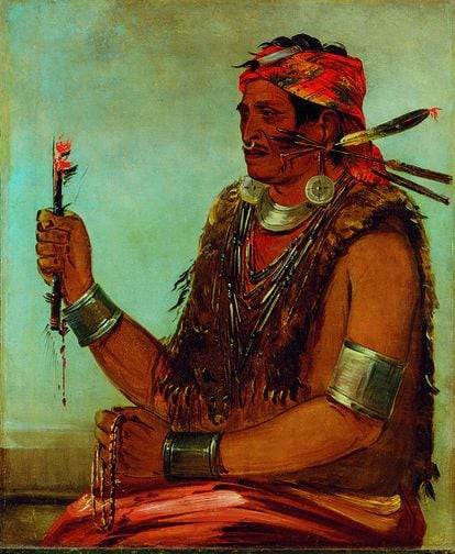 Tenskwattawa, el Profeta shawnee, hermano de Tecumseh, pintado por Catlin.