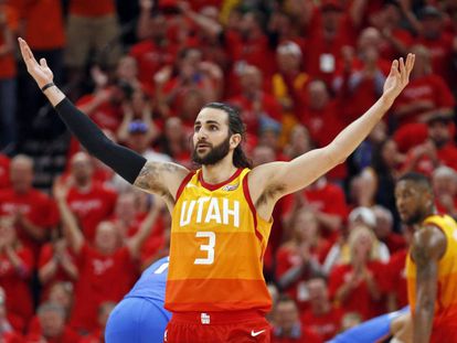 Ricky Rubio celebra una de sus canastas ante los Thunder.