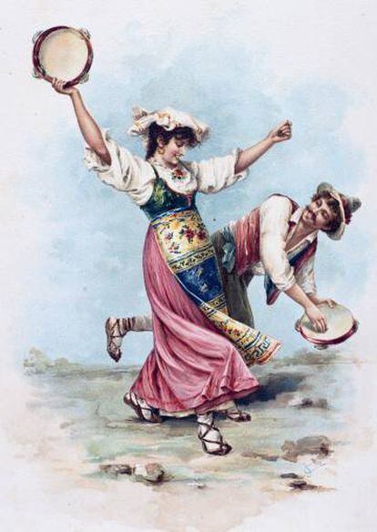 Estampa del siglo XIX sobre el baile de la Tarantela.