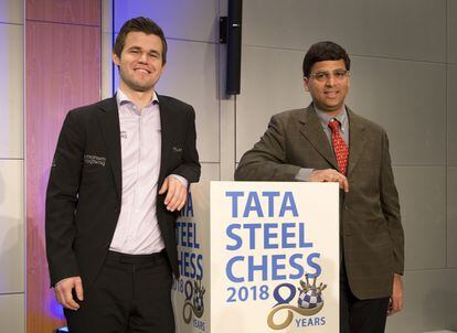 Carlsen y Anand, hoy durante la ceremonia de inauguraci&oacute;n