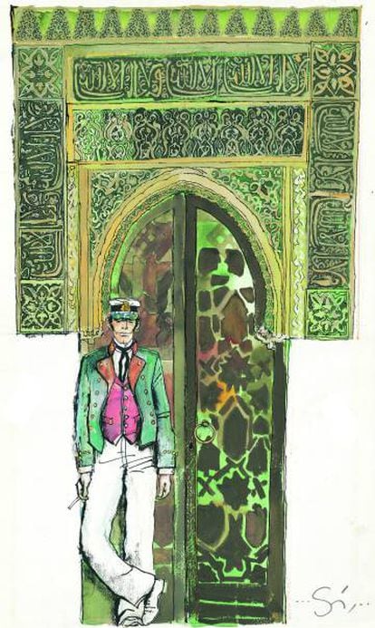 Una ilustración de Corto Maltés, dibujada por Hugo Pratt.
