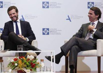 Aznar y Casado este martes en el foro titulado 'España ante un cambio de régimen'. 