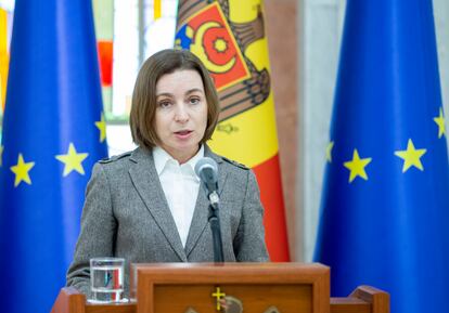 Moldova's President Maia Sandu at the Chisnau presidential palace during her appearance before the press on April 26, 2022.