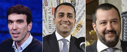 De izquierda a derecha: Maurizio Martina (PD), Luigi Di Maio (M5S) y Matteo Salvini (Liga Norte).