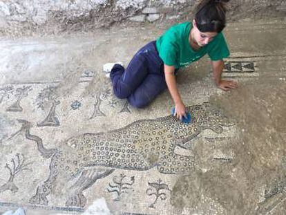 Mosaico de un leopardo desenterrado en la villa de Salar.