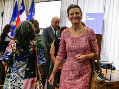 Margrethe Vestager,  vicepresidenta de la Comisión Europea para el área digital y de competencia, este sábado en Chile.