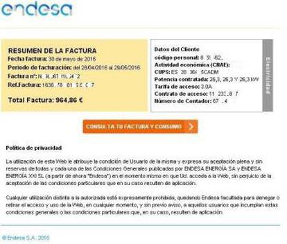 Factura falsa por un valor de 964,86€ que suplantaba a Endesa y al descargarla instalaba un 'malware' que secuestraba los datos del usuario.