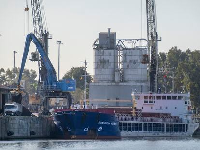 Una grúa descargaba residuos peligrosos procedentes de Montenegro desde el buque 'Shannon River', atracado en el Puerto de Sevilla, el lunes.