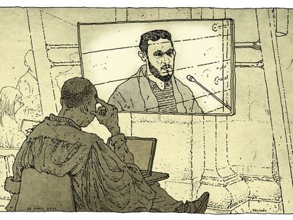 Salah Abdeslam, en la pantalla, durante su declaración en el juicio por los atentados el pasado 13 de abril de 2022.