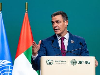 El presidente del Gobierno, Pedro Sánchez, este viernes en un acto durante la COP28, que se celebra en Dubái.