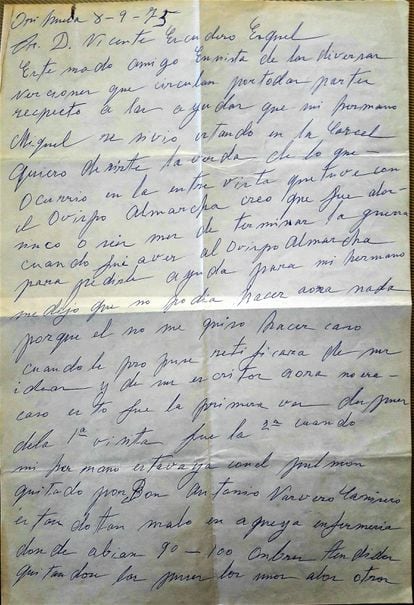 La carta de Vicente Hernández a Vicente Escudero, cedida por la familia de Fernando Escudero.