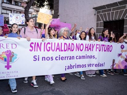 Cientos de personas durante una manifestación con motivo del Día Internacional de la Mujer, el 8 de marzo de 2023, en Las Palmas de Gran Canaria.