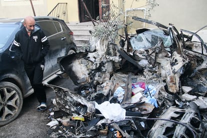 A vehicle blown up with explosives after Israrel's incursion into the Nur Shams refugee camp.