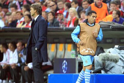 Roberto Mancini y Tévez, durante el Bayern Múnich-Manchester City de la <i>Champions.</i>