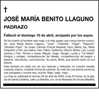 Esquela de José María Benito Llaguno publicada hoy en EL PAÍS.