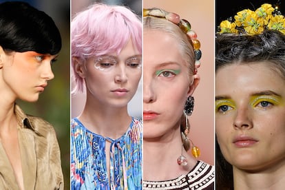 FANTASÍA. Sombras que combinan celeste y fucsia (Christian Siriano), trazos de eyeliner metalizado (Balmain), aplicaciones de strass (Valentino o Marc Jacobs), labios dorados (Dries van Noten)… el maquillaje de la serie Euphoria (HBO) sigue agitando brochas.