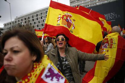 A protestor in Madrid’s Colón square on Sunday.