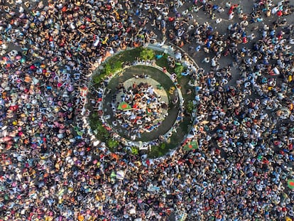 An aerial view of a square in Chittagong, Chattogram, filled with protesters during protests on Saturday 3.