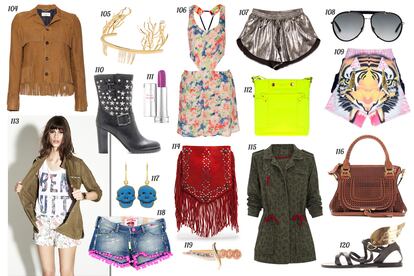 104. Saint Laurent Chaqueta de ante con flecos. 105. Balenciaga Tiara dorada con ramas. 106. Topshop Vestido de flores con aberturas. 107. Bershka Shorts metalizados. 108. Dsquared2 Gafas de sol con montura de metal. 109. Bernhard Willhelm Bermudas con cara de tigre. 110. Jimmy Choo Biker boot con tacón y estrellas. 111. Lancôme Barra de labios “Baume in Love”. 112. Marc by Marc Jacobs Bandolera de piel flúor. 113. Stradivarius. 114. Mango Bandolera de ante con flecos y tachuelas. 115. SuiteBlanco Parka con print de leopardo y cordones rojos. 116. Chloé Bolso de piel perforada con doble asa. 117. House of Wairs Pendientes con calaveras. 118. Holy Preppy Shorts vaqueros con ribetes de madroños. 119. Bimba & Lola Anillo en forma de puñal. 120. Ancient Greek Sandalia de piel con alas.