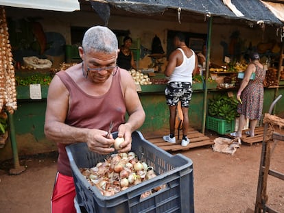 Un hombre pela cebollas en un mercado en el centro de La Habana, Cuba, en julio de 2024.