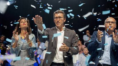 El candidato del PP a la Presidencia de la Xunta, Alberto Núñez Feijóo, durante el cierre de la campaña.