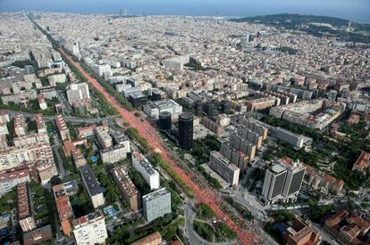 Vista aérea de la manifestación independentista convocada esta tarde por la organización social soberanista con motivo de la Diada.