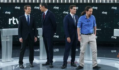 Casado, Sánchez, Rivera e Iglesias, en el plató de TVE donde se celebró el debate de las elecciones del 28 de abril.