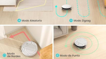 robot aspirador con distintos patrones para quitar la suciedad como el modo aleatorio o el de zigzag.