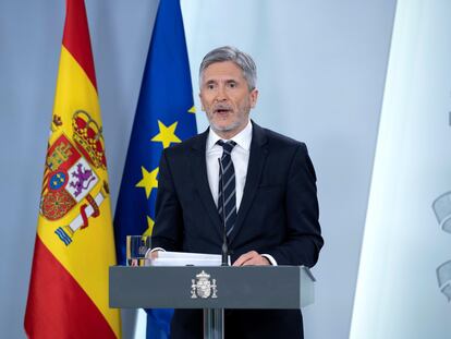 El ministro del Interior, Fernando Grande-Marlaska, durante una rueda de prensa telemática este jueves en Madrid.