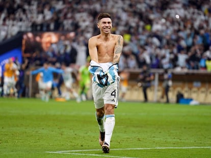 Gonzalo Montiel celebra su gol en la tanda de penaltis que supuso el título mundial para Argentina, el pasado domingo.