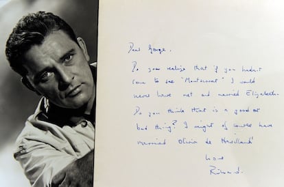 "¿Te das cuenta de que si no hubieras venido a ver "Montserrat" nunca hubiera conocido ni me hubiera casado con Elisabeth?", dice la nota que el actor Richard Burton le dirigió al director George Cukor. Se estima que alcance un precio de entre 700 y 1.000 euros en la subasta del 20 de abril, retransmitida simultáneamente en Los Ángeles y Nueva York.