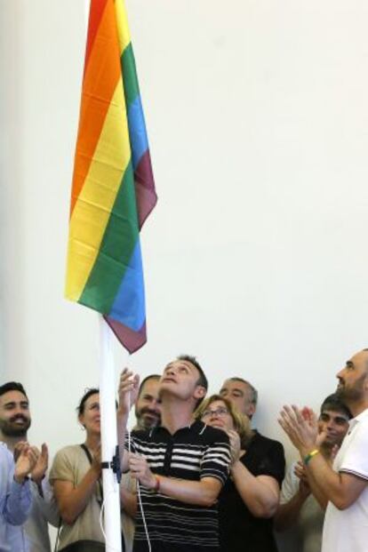 Jess Santos, viudo del pol&iacute;tico socialista Pedro Zerolo, recientemente fallecido, iz&oacute; el pasado 28 de junio en el Ayuntamiento de Madrid la bandera arco&iacute;ris, s&iacute;mbolo de la lucha del movimiento LGTB, con motivo de la celebraci&oacute;n de Orgullo de Madrid 2015. 