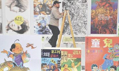 Preparativos, el pasado miércoles, de expositores y carteles en el Salón del Cómic de Angulema (Francia).