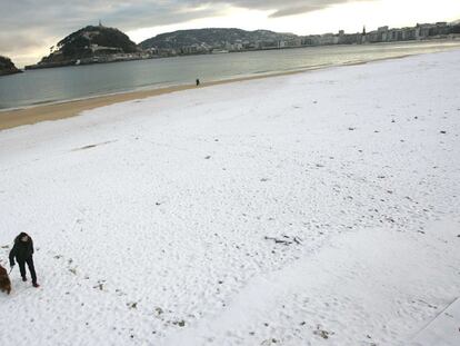 Un hombre pasea a su perro en la playa de Ondarreta de San Sebastián cubierta por la nieve.