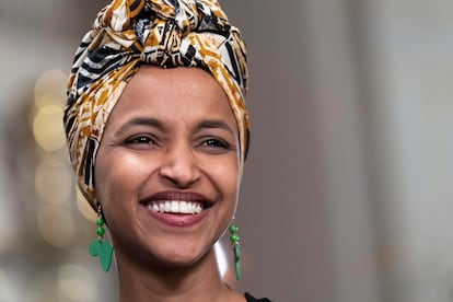 Rep. Ilhan Omar, D-Minn., speaks during an interview before President Joe Biden's State of the Union address to a joint session of Congress at the Capitol, Tuesday, Feb. 7, 2023, in Washington