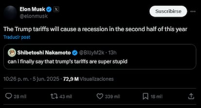Mensaje de Elon Musk publicado en su red social 'X', este 5 de junio.
