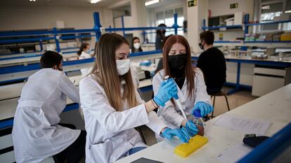 Alumnos de grado de biotecnología de la Universidad Pública de Navarra, este lunes.