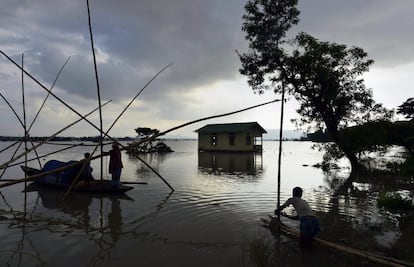 Varias personas pescan en una de las zonas afectadas por las inundaciones en el distrito de Morigaon, India, el 28 de julio de 2016. 