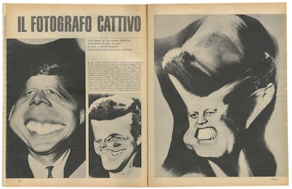 Press pages with Kennedy photocaricatures made by Weegee, December 1962.