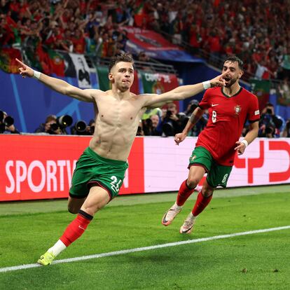 LEIPZIG, GERMANY - JUNE 18: Francisco Conceicao of Portugal celebrates scoring his team's second goal during the UEFA EURO 2024 group stage match between Portugal and Czechia at Football Stadium Leipzig on June 18, 2024 in Leipzig, Germany. (Photo by Boris Streubel - UEFA/UEFA via Getty Images)